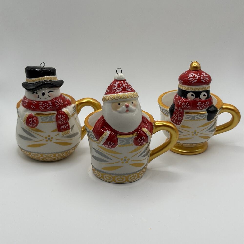 Set of 3 Temptation Ornaments Tea Cup Old World Confetti Pattern Holiday Santa